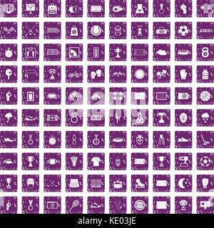 100 stadium icons set grunge purple Stock Vector