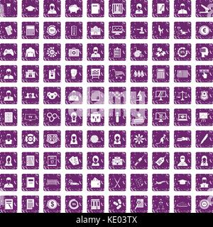 100 statistic data icons set grunge purple Stock Vector