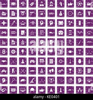 100 strategy icons set grunge purple Stock Vector