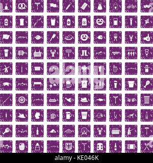 100 beer icons set grunge purple Stock Vector