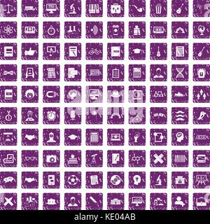 100 student icons set grunge purple Stock Vector