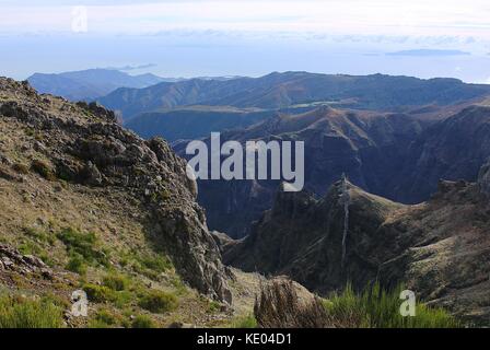 Mountain view from the summit of Pico do Arieiro on the Portuguese island of Madeira in the Atlantic Ocean. Stock Photo