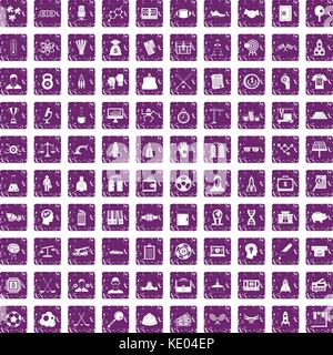 100 success icons set grunge purple Stock Vector