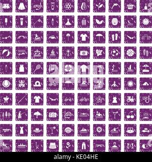 100 summer icons set grunge purple Stock Vector