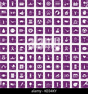 100 summer holidays icons set grunge purple Stock Vector