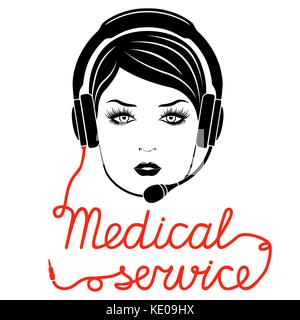 Girl in headphones with microphone and with red cable as a inscription, Medical online service concept, vector illustration Stock Vector
