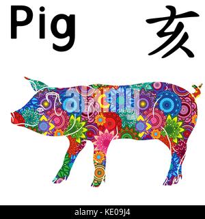 Chinese Zodiac Sign Pig, Fixed Element Water, symbol of New Year on the Eastern calendar, hand drawn vector stencil with colorful stylized flowers iso Stock Vector