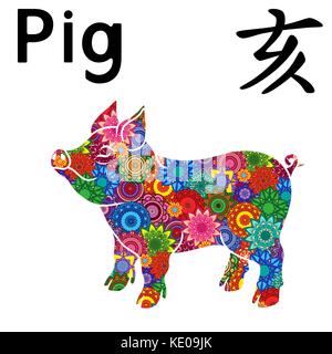 Piglet as a Chinese Zodiac Sign Pig, Fixed Element Water, symbol of New Year on the Eastern calendar, hand drawn vector stencil with color stylized fl Stock Vector