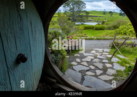 Looking out of a Hobbit-hole in Hobbiton, location The Hobbit film trilogy, Hinuera, Matamata, New Zealand