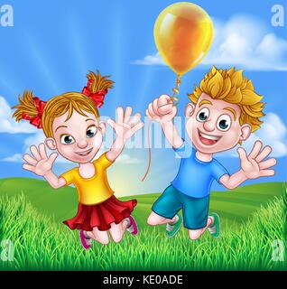 Cartoon Kids Outdoors Jumping with Balloon Stock Vector