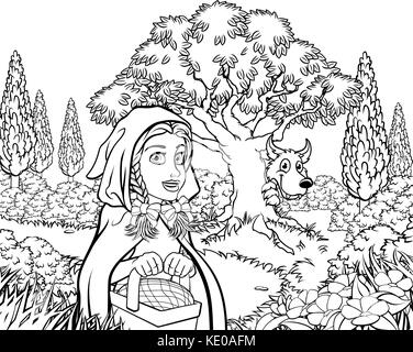 Fairytale Little Red Riding Hood Coloring Scene Stock Vector