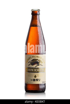 LONDON,UK - SEPTEMBER 24, 2017: Bottle of Kirin Ichiban lager Beer on white background Stock Photo