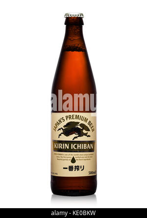 LONDON,UK - SEPTEMBER 24, 2017: Bottle of Kirin Ichiban lager Beer on white background Stock Photo