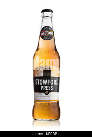 LONDON, UNITED KINGDOM - JUNE 22, 2017: Bottle of Stowford Press westons cider on white background. Stock Photo
