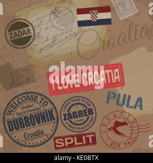 Croatia travel stamps on retro background with old post cards and letters, vector illustration Stock Vector