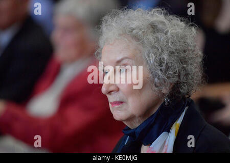 Canadian writer and activist Margaret Atwood, expressed her great admiration for writer Franz Kafka, when she received the international prize bearing his name at the Old Town Hall in Prague, Czech Republic, October 17, 2017. The Franz Kafka Prize is the only international literary award presented in the Czech Republic.This year's laureate, Atwood, has written a number of short stories, novels, books of poetry, literary studies as well as books for children. Her probably most famous book is dystopian novel The Handmaid's Tale (1985) that was adapted into a film in 1990, an opera in 2000 and a Stock Photo