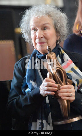 Canadian writer and activist Margaret Atwood, expressed her great admiration for writer Franz Kafka, when she received the international prize bearing his name at the Old Town Hall in Prague, Czech Republic, October 17, 2017. The Franz Kafka Prize is the only international literary award presented in the Czech Republic.This year's laureate, Atwood, has written a number of short stories, novels, books of poetry, literary studies as well as books for children. Her probably most famous book is dystopian novel The Handmaid's Tale (1985) that was adapted into a film in 1990, an opera in 2000 and a Stock Photo