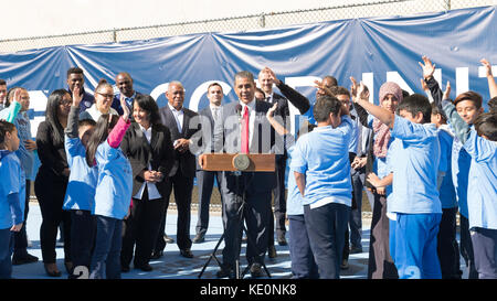New York, United States. 17th Oct, 2017. New York, NY - October 17, 2017: US Representative Adriano Espaillat speaks during opening of first ten soccer fields as part of New York City soccer initiative at PS 83/PS 182 in Harlem Credit: lev radin/Alamy Live News Stock Photo