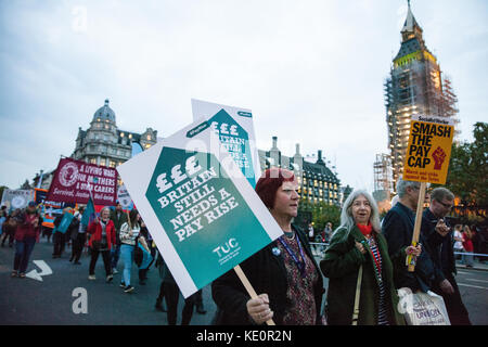 London, UK. 17th Oct, 2017. Trade union members march to a TUC rally for fair pay for public servants in Parliament Square. Many had previously met their MPs to lobby for the same purpose. Credit: Mark Kerrison/Alamy Live News Stock Photo