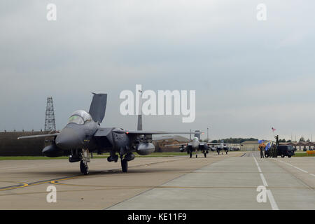 F-15E Strike Eagles assigned to the 492nd Fighter Squadron return to Royal Air Force Lakenheath, England, Oct. 9 Stock Photo