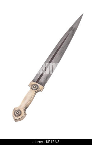 Beautiful example of caucasian dagger with silver grip and blade from Damascus steel in form of Rome sword. 19 century (Time of Russian-Caucasian wars Stock Photo