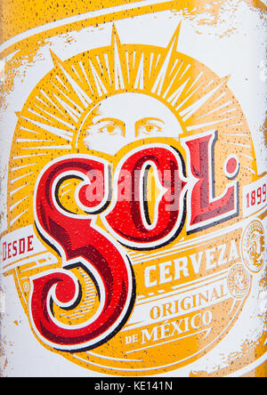 LONDON, UK - DECEMBER 15, 2016: Bottle of Sol Mexican Beer close up label. From the Cuauhtemoc Moctezuma Brewery, in Monterey, Mexico, it was first in Stock Photo