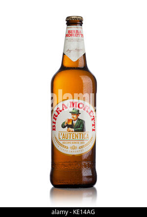 LONDON, UK - MAY 15, 2017: Bottle of Birra Moretti beer on white background, Italian brewing company, founded in Udine in 1859 by Luigi Moretti Stock Photo