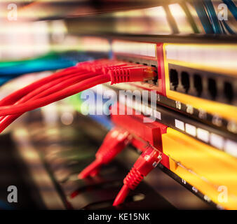 Ethernet Cables Connected to Internet Switch. Stock Photo
