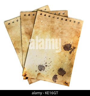 Dirty notebook pages. Old rough grunge paper template with drops and dirty crack pattern. Work path Stock Photo