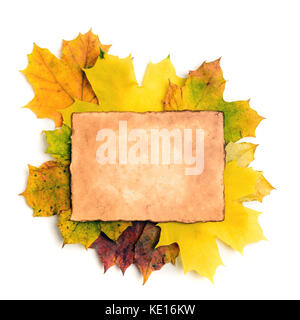 Old grunge paper page over fall leaves isolated on white Stock Photo