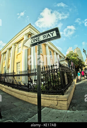 French Quarter, New Orleans, LA USA - June 30, 2014 - One Way to One Day Sign In the French Quarter of New Orleans by the Police Station Stock Photo