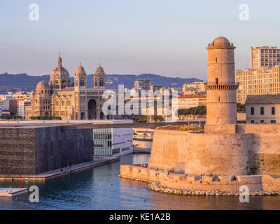 MARSEILLE, FRANCE - AUGUST 07, 2017: Saint Jean Castle and Cathedral de la Major and the Vieux port in Marseille, France Stock Photo