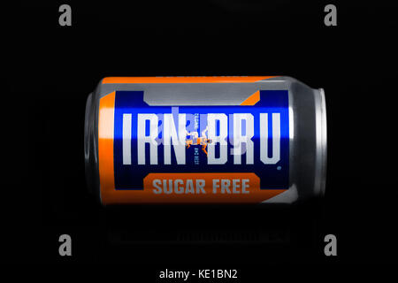 LONDON, UK - MARCH 15, 2017: Can of Irn-Bru lemonade soda drink on black background. Produced by Barr in Scotland, UK Stock Photo