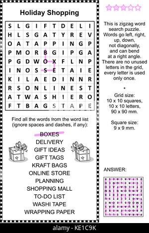 Holiday shopping themed zigzag word search puzzle. Answer included. Stock Vector