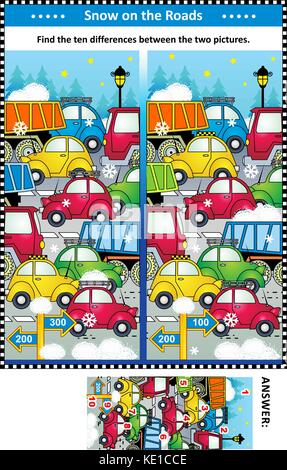 Winter traffic jam picture puzzle: Find the ten differences between the two pictures of cars and trucks on the road. Answer included. Stock Vector