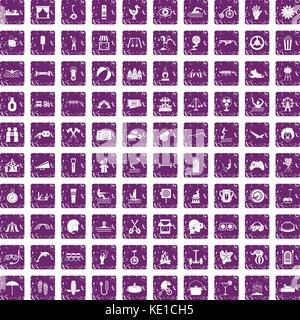 100 summer vacation icons set grunge purple Stock Vector