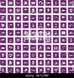 100 sun icons set grunge purple Stock Vector