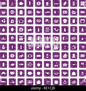 100 supermarket icons set grunge purple Stock Vector