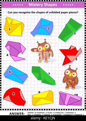 IQ training visual puzzle (suitable both for kids and adults): Can you recognize the shapes of unfolded paper pieces? Answer included. Stock Vector