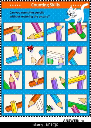 IQ training visual puzzle (suitable both for kids and adults): Can you count the pencils without assembling the picture puzzle? Answer included. Stock Vector