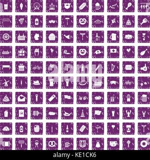 100 beer party icons set grunge purple Stock Vector