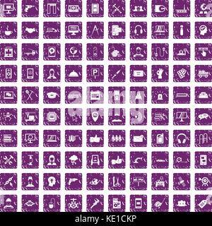 100 support icons set grunge purple Stock Vector