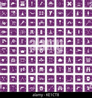 100 tackle icons set grunge purple Stock Vector