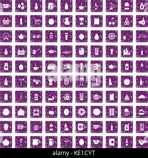100 beverage icons set grunge purple Stock Vector