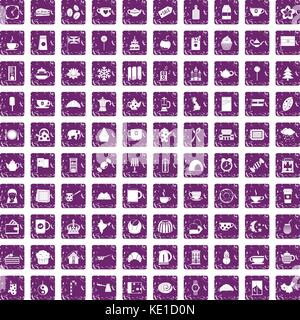 100 tea cup icons set grunge purple Stock Vector