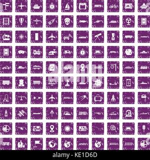 100 technology icons set grunge purple Stock Vector