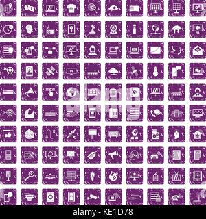 100 telecommunication icons set grunge purple Stock Vector