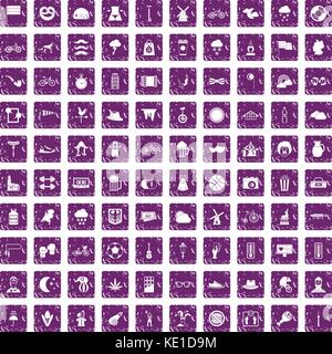 100 bicycle icons set grunge purple Stock Vector