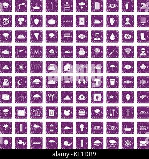 100 thunderstorm icons set grunge purple Stock Vector