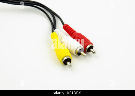 Detailed view of cinch connectors on audio and video with black cable on white background Stock Photo